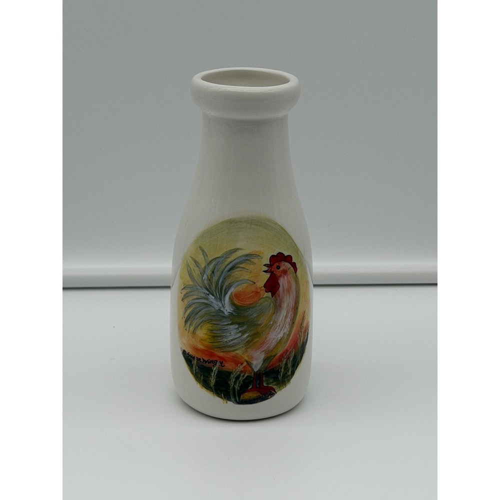 CounterArt Susan Winget Rooster Ceramic Milk Bottle Vase White Farmhouse Decor